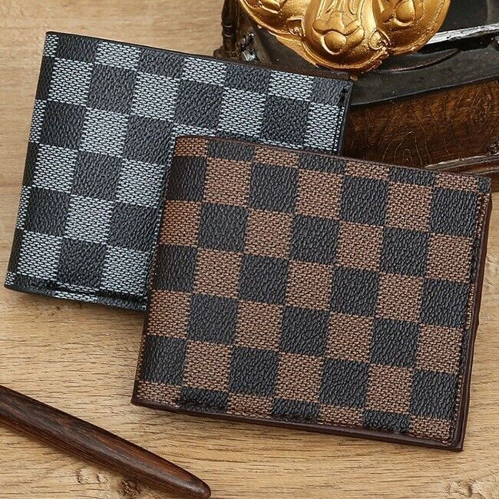 Men's Brown and Tan Checkered Bi-Fold Wallet - Vegan Leather